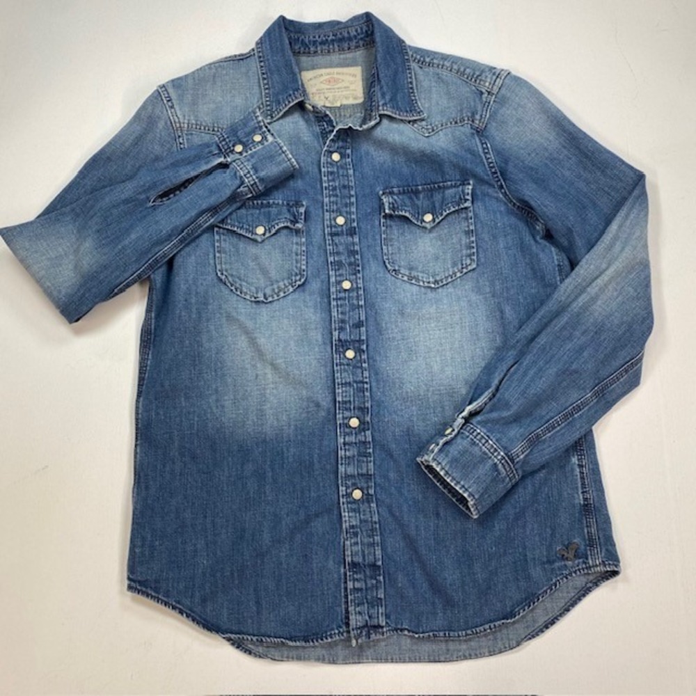 American Eagle Mens Slim Fit Denim Western Shirt Medium Wash Pearl Snap Blue M